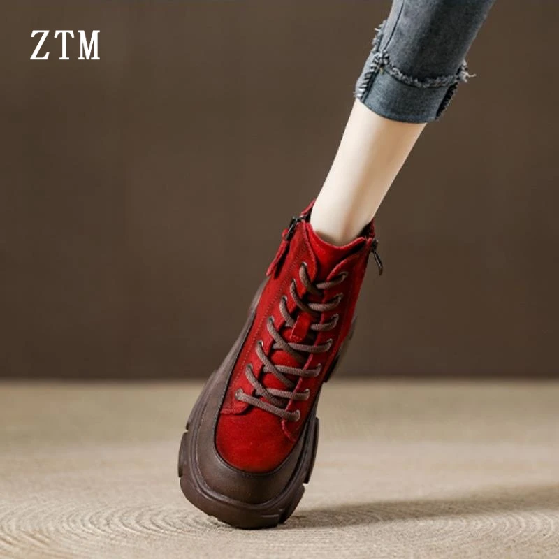 2025秋冬季时尚休闲加绒高筒鞋红色短靴厚底复古真皮马丁靴女鞋潮