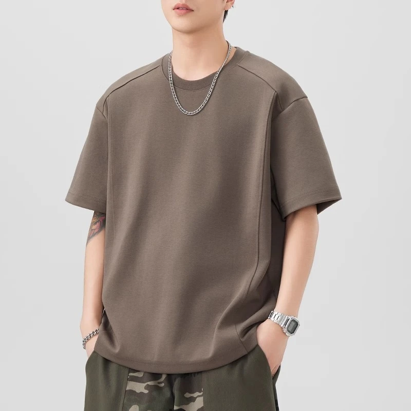 夏季新款纯色短袖t恤男士复古重磅水洗宽松圆领简约打底半袖体恤