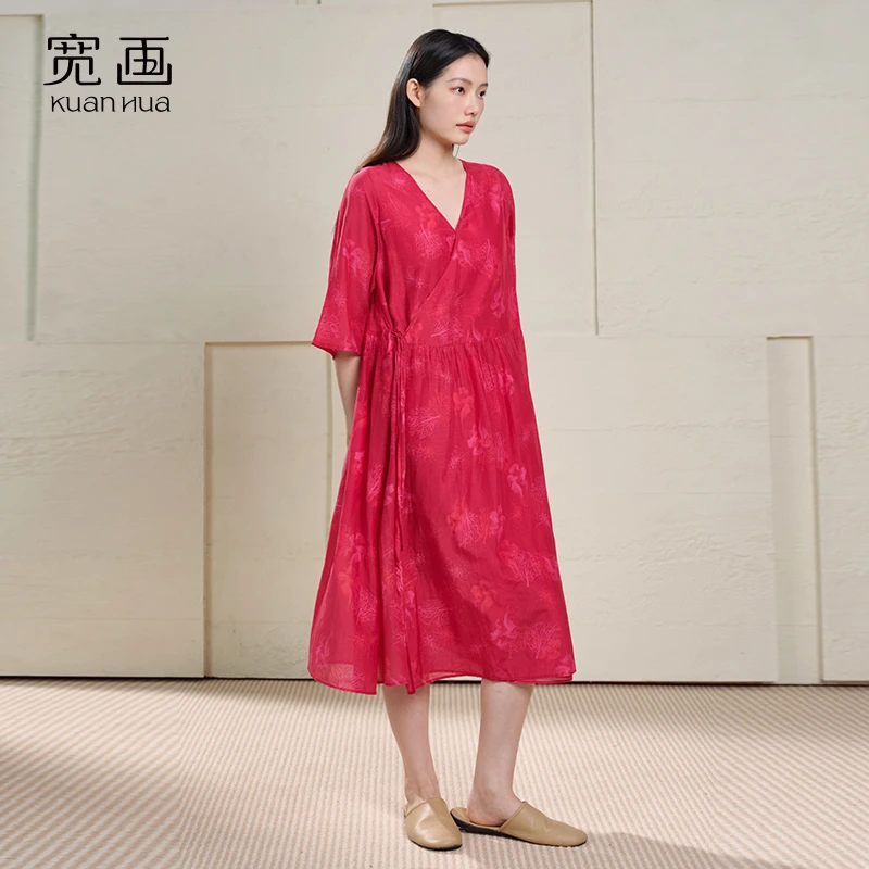 宽画【连年有余】新中式印花睡裙国风提花红色睡裙家居服-KH90261