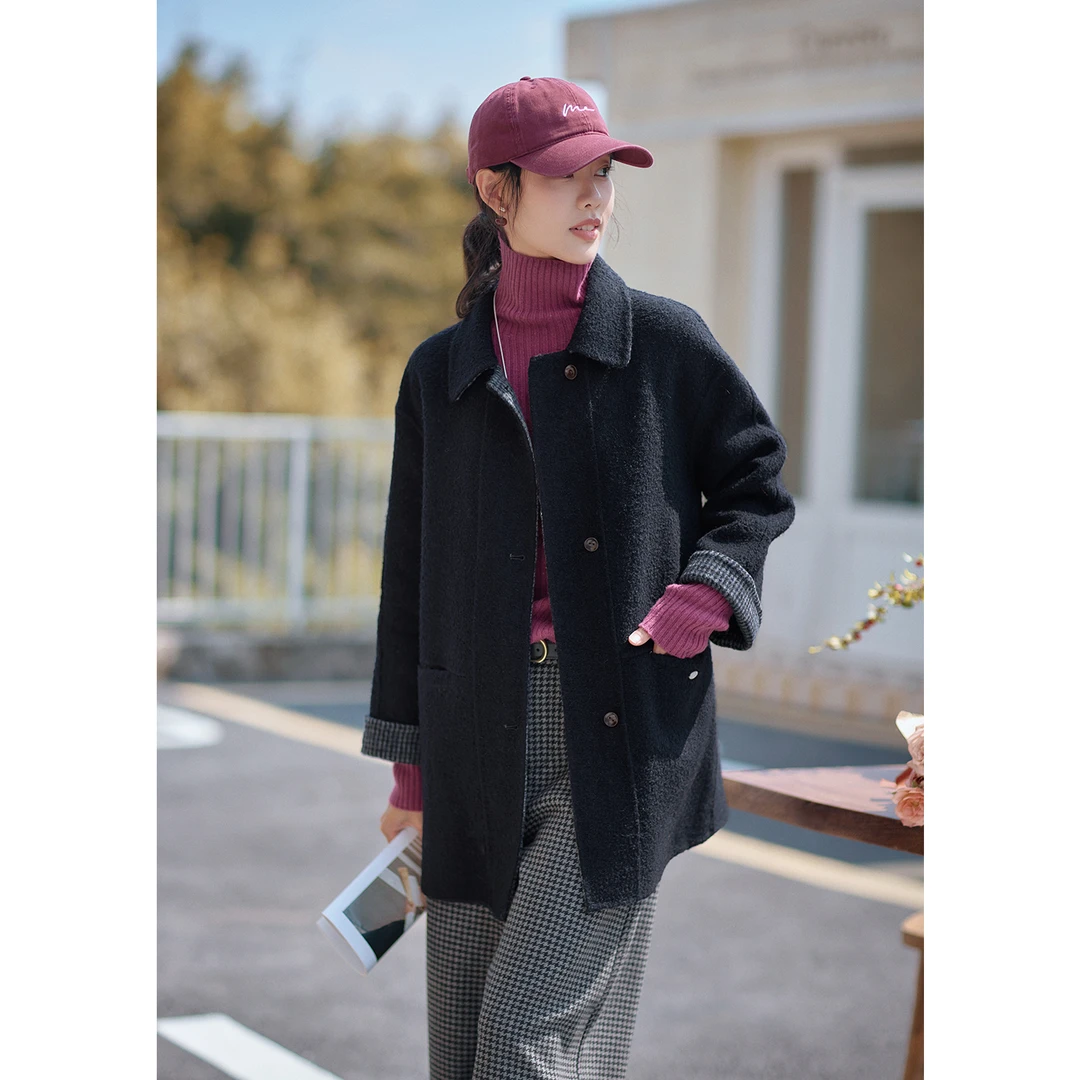 红念藏青色毛呢外套女中长款宽松2025年秋冬新款气质呢子大衣上衣