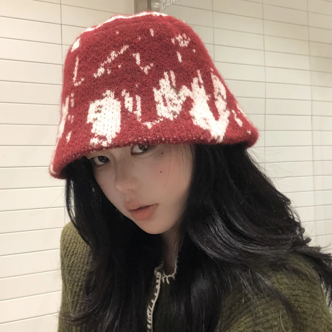 日系针织渔夫帽女秋冬时尚显脸小盆帽出游编织毛线撞色保暖水桶帽