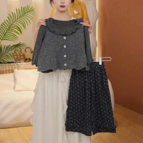 秋季新款女童森系韩版穿搭套装女宝针织寸衫外套马甲阔腿裤三件套