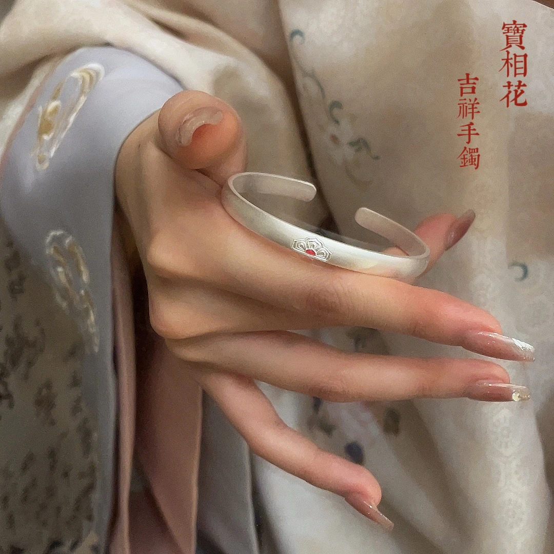 足银手镯 福氏足银999.9古法磨砂珐琅宝开口手镯心经底 20克 369