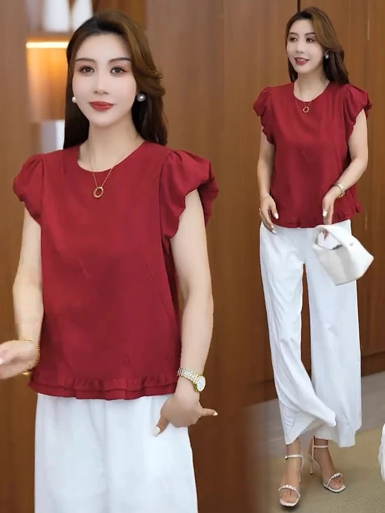 时尚短袖衬衫女小个子2025夏季新款洋气木耳边宽松显瘦泡泡袖上衣