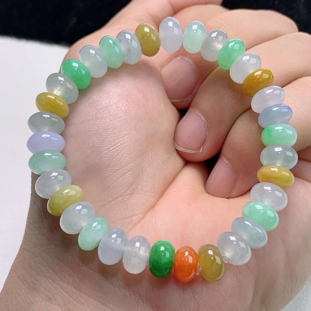 天然a货翡翠圆珠手串多宝糖果系手链百搭彩色渐变玉手串