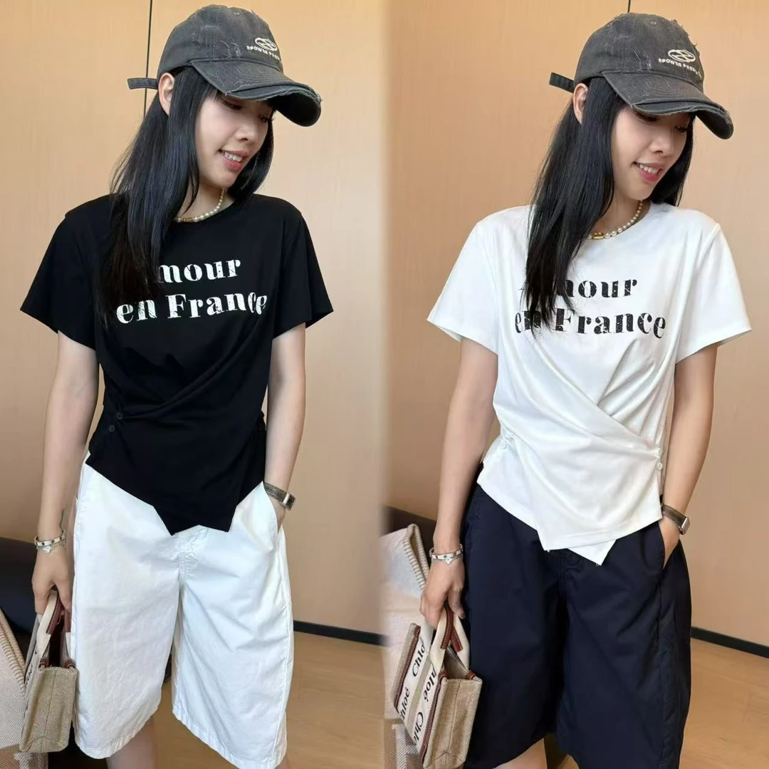 二姐的宝藏夏季韩系收腰显瘦不规则下摆圆领字母短袖T恤#25253