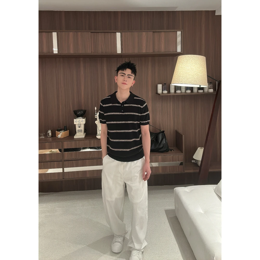 『棠枝夏末棉麻肌理』冰爽棉经典条纹褶皱肌理感休闲短袖老钱风短袖