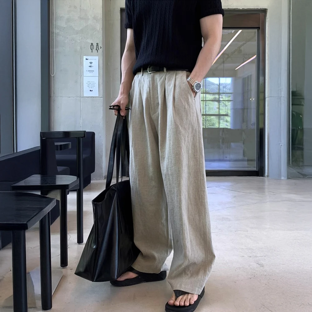 棉麻慵懒拖地裤韩版宽松百搭直筒休闲裤简约盐系复古亚麻裤子