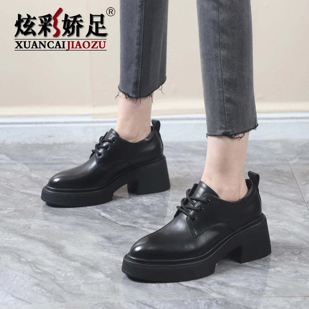 单鞋女鞋2025春秋新款真皮牛皮粗高跟厚底职业工作尖头系带小皮鞋