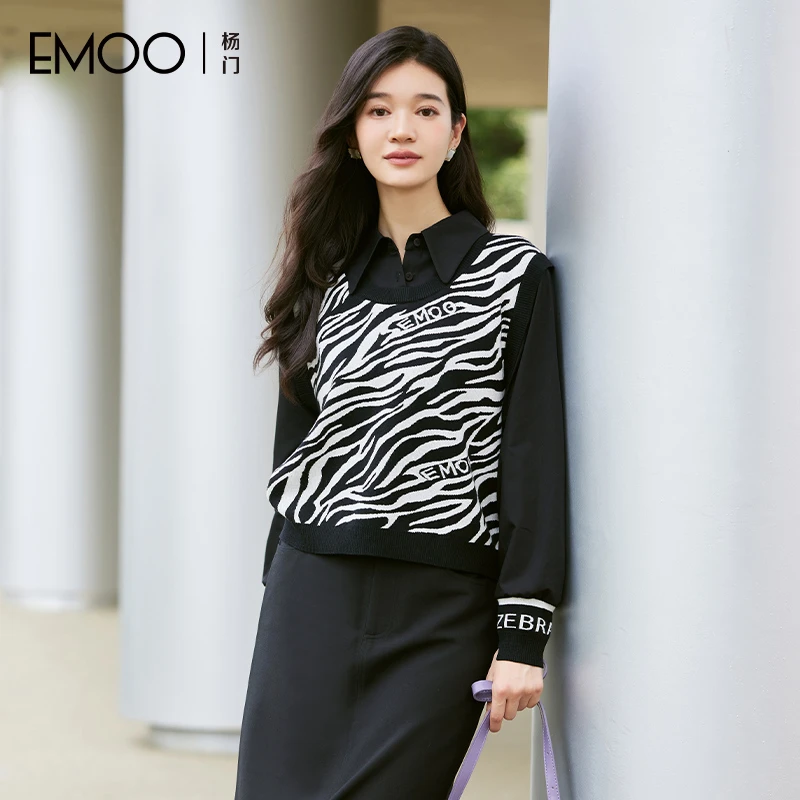 EMOO/杨门衬衫袖套头款薄款针织衫女春季黑纹拼接上衣E14T013320