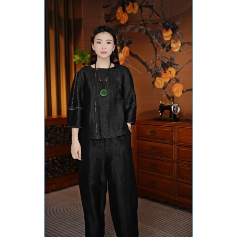 栖栖沐染2025春夏新款桑蚕丝香云纱显瘦百搭女士短款国风小衫801