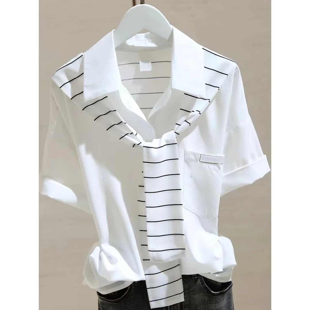 衬衣女2025夏季新款条纹披肩假两件短袖衬衫胖mm宽松显瘦休闲上衣