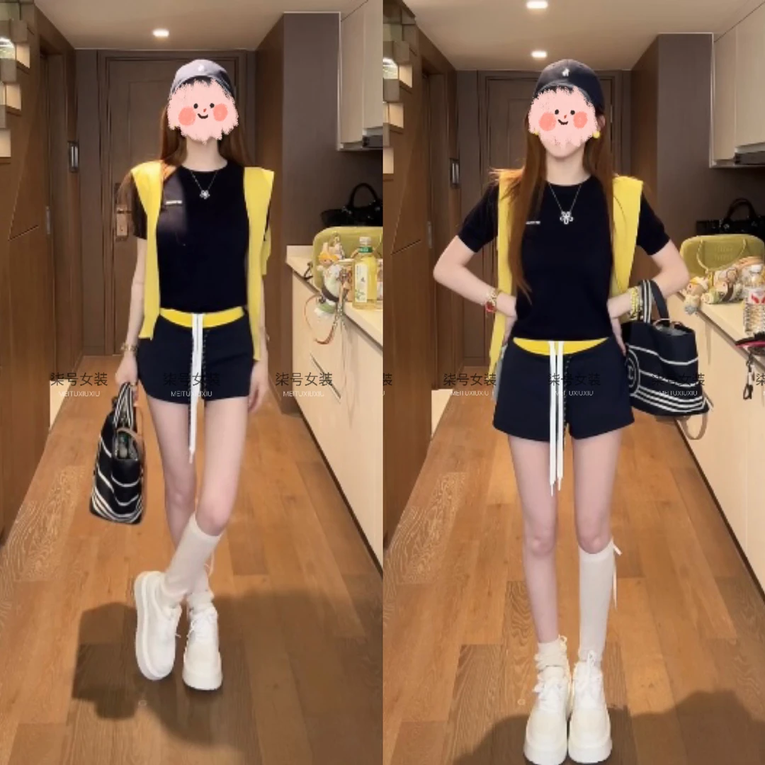 夏季时尚气质修身显瘦百搭短袖上衣配披肩腰头拼接短裤三件套女