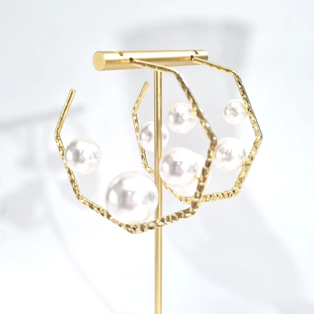 铜合金仿珍珠耳饰 08059高级时尚百搭几何白珠耳环