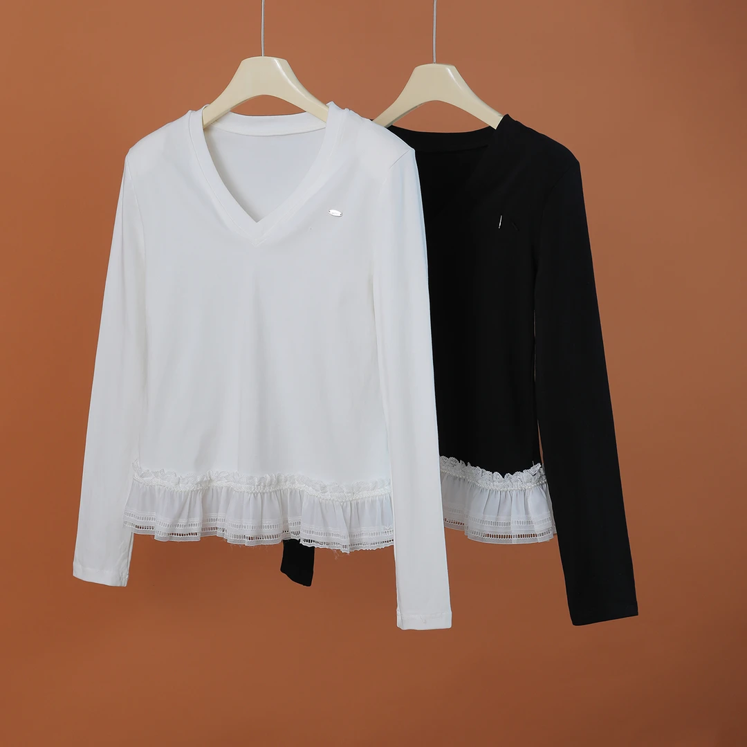 61667 舒适软糯！春夏女士气质V领蕾丝时尚百搭拼接长袖修身T恤