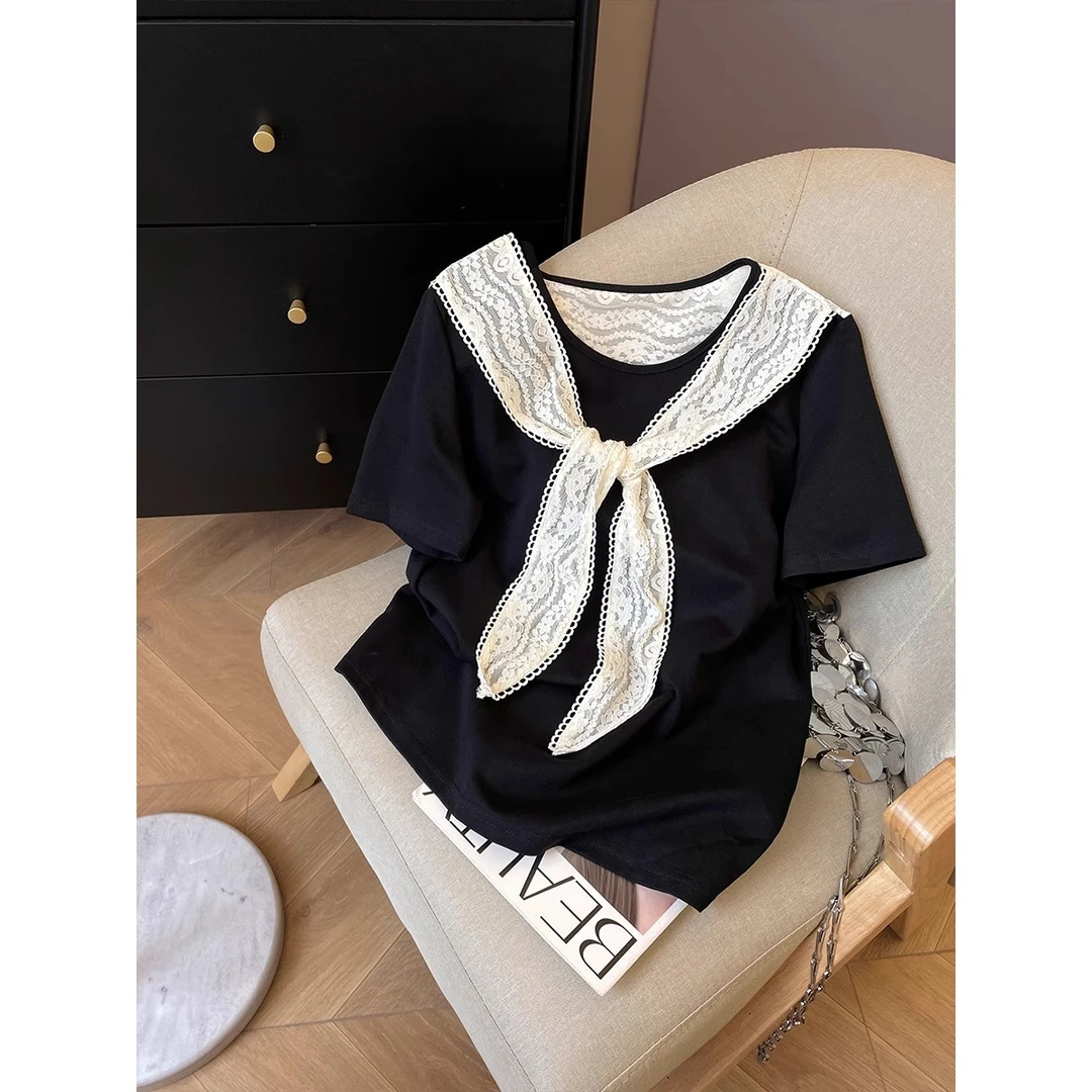 小众蕾丝披肩假两件黑色短袖T恤女2025夏季新款韩系时尚正肩上衣