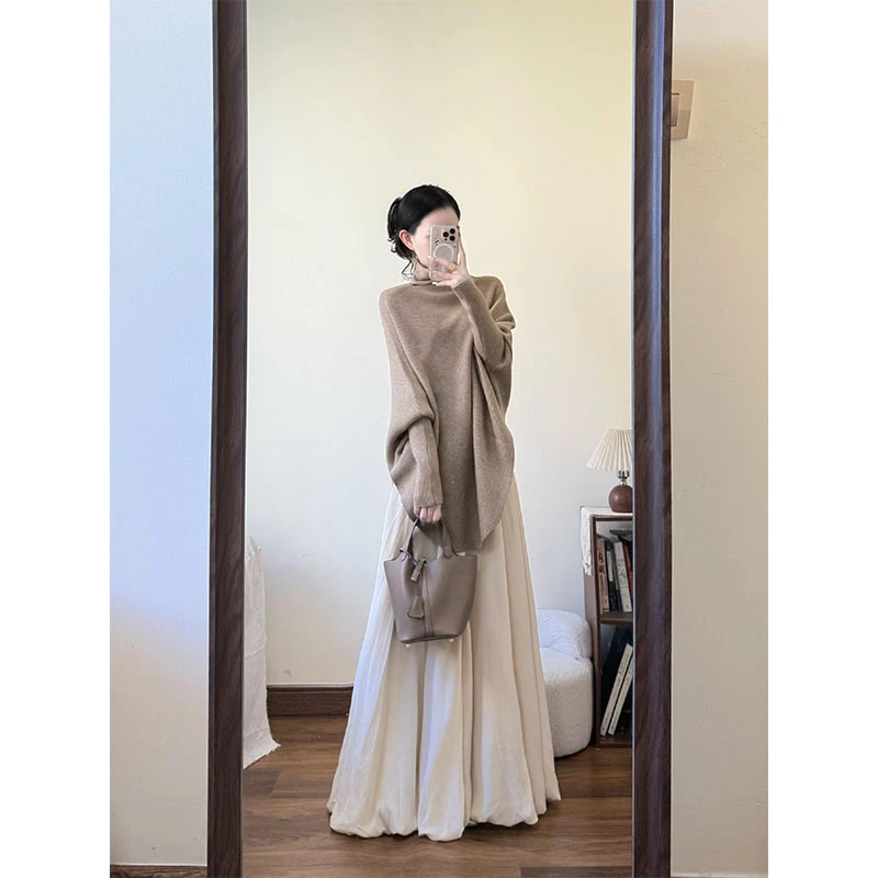 秋冬新款高级感半高领休闲百搭洋气长袖上衣高腰大摆裙半身裙套装