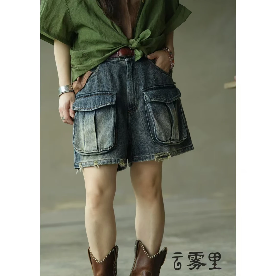 素朴布衣云雾里5181原创复古文艺松弛感宽松休闲随性纯棉牛仔短裤