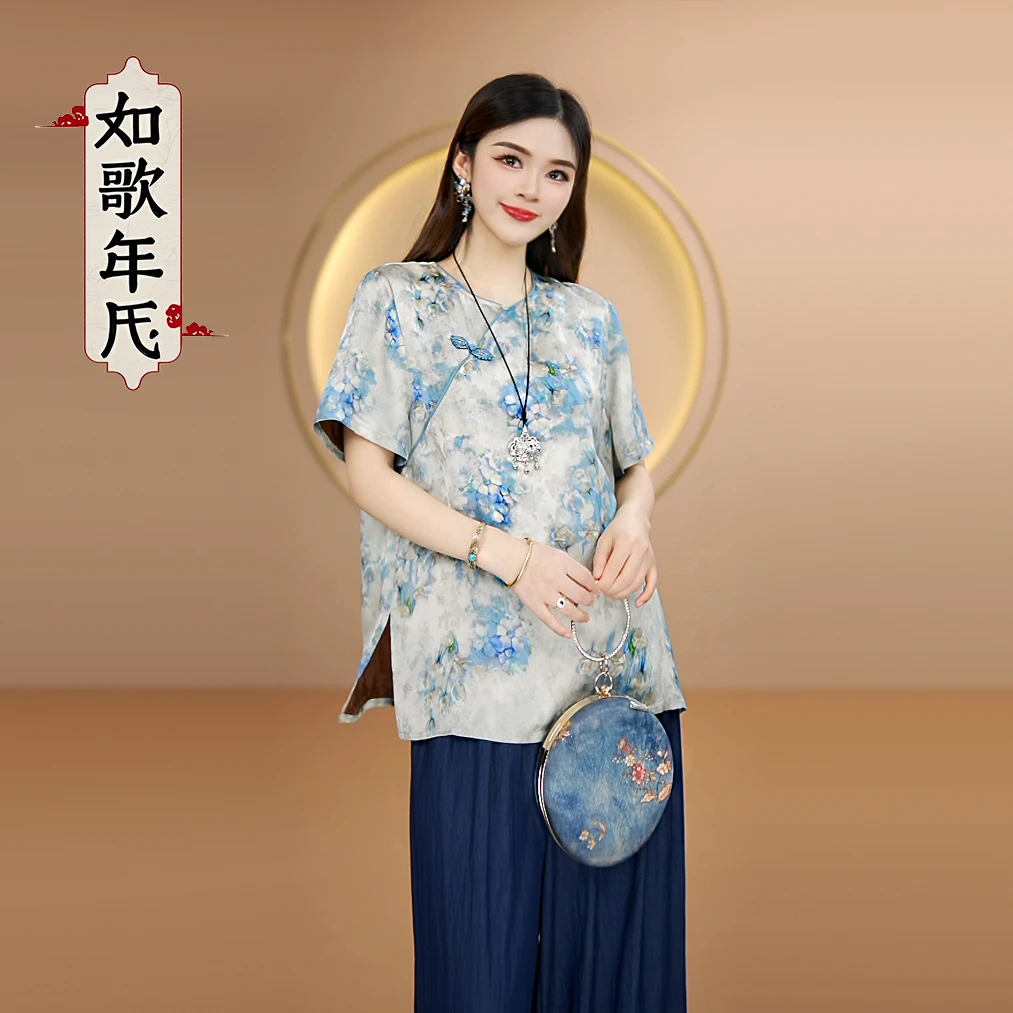 兰心-如歌年代夏季古风印花新中式圆领复古上衣女士时尚薄款小衫