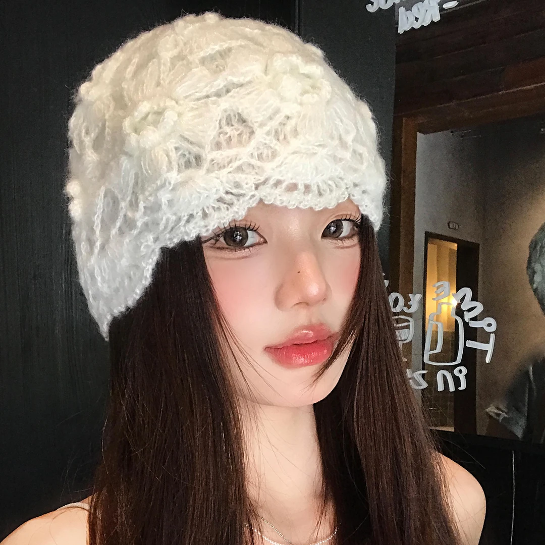 手工钩花编织镂空包头帽女秋冬季大头围保暖冷帽日系文艺针织帽子