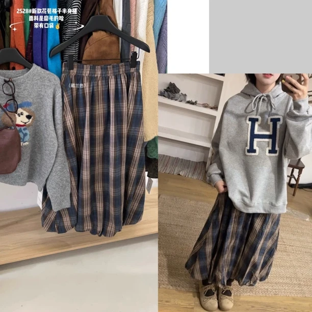 秋·中古风格子花苞裙1168