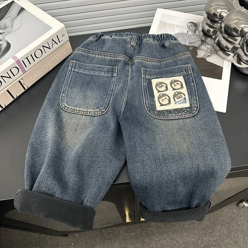 冬季长裤牛仔加绒裤男童牛仔裤韩版时尚加厚裤儿童宝宝高腰裤小童
