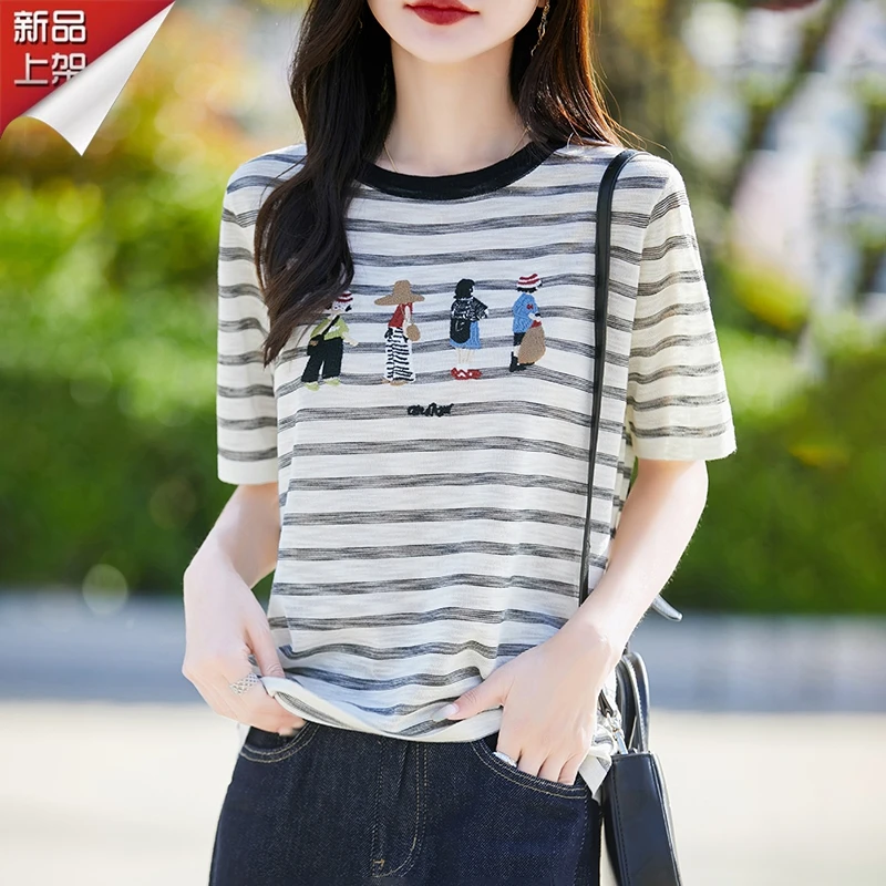 品牌夏季刺绣拼色圆领短袖上衣女2025新款时尚百搭显瘦休闲体恤