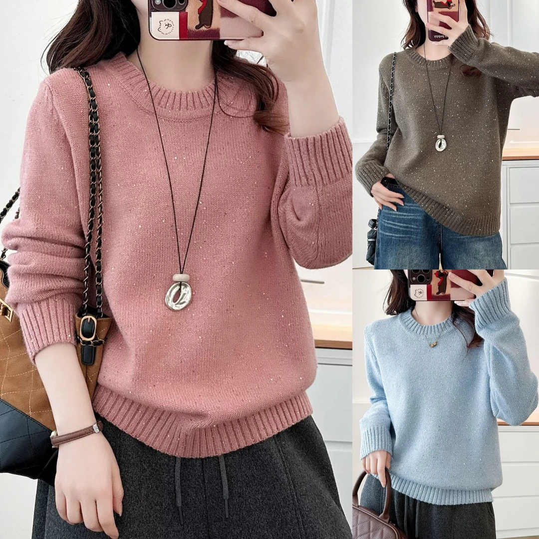 左左微胖大码秋冬设计感圆领套头宽松洋气显瘦珠片长袖针织毛衣女