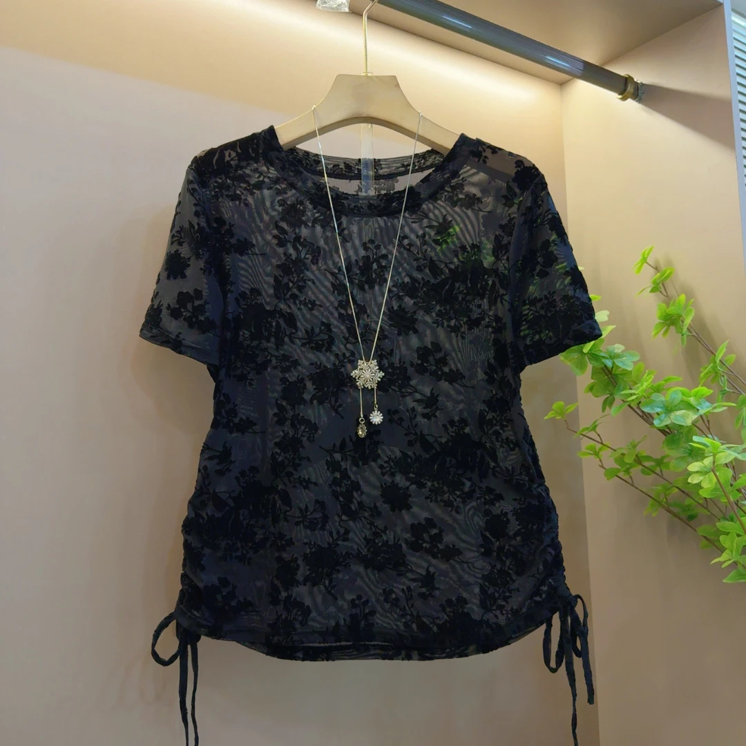 2025年气质夏季圆领抽绳收腰显瘦洋气百搭短袖上衣（衣长60左右）