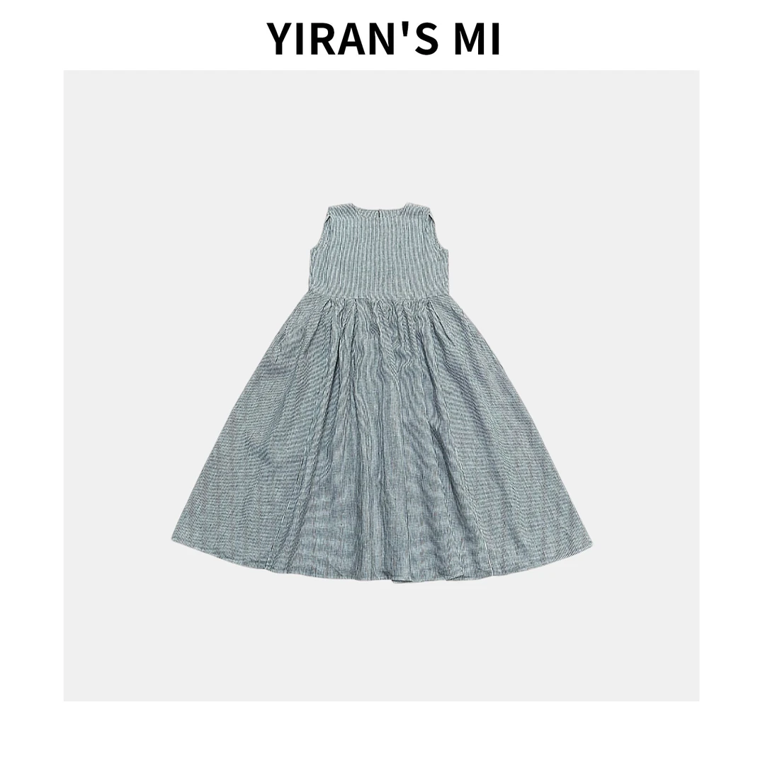 [KK]  蓝白条纹  圆领无袖棉麻连衣裙 YLM001090