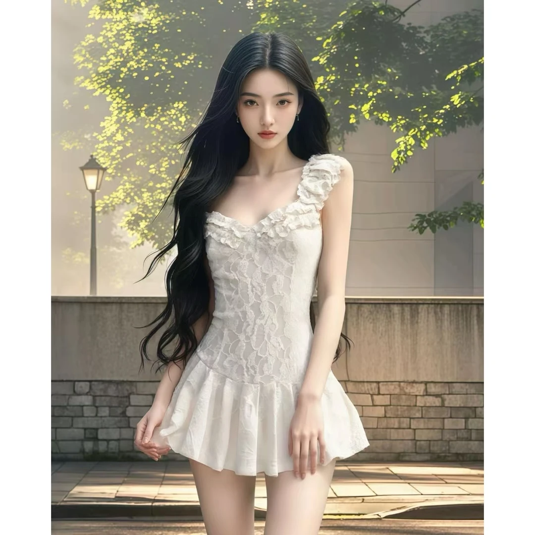 【甜星】纯欲风小众辣妹设计感重工提花蕾丝木耳边超短连衣裙女