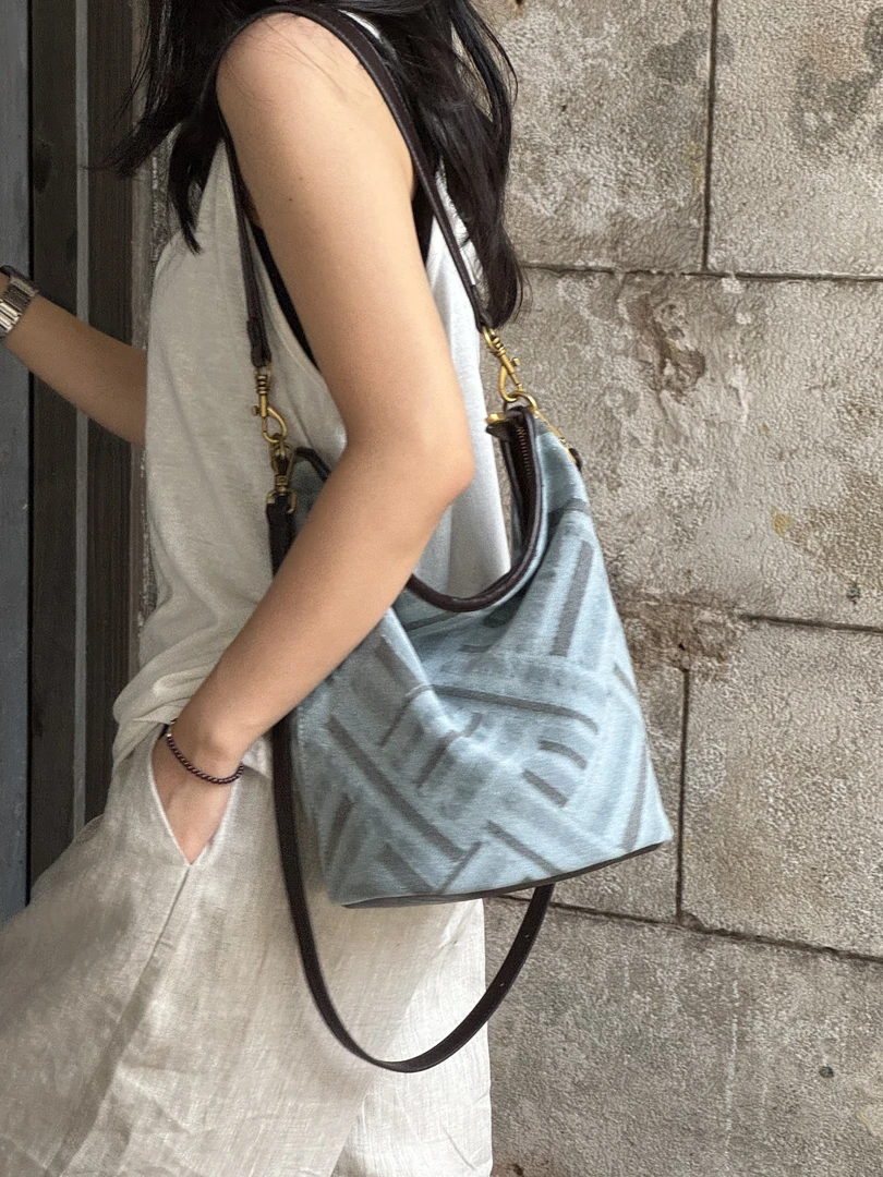 SUWAN小众原创设计拼色款水桶包文艺ins简约时尚单肩斜跨包韩版