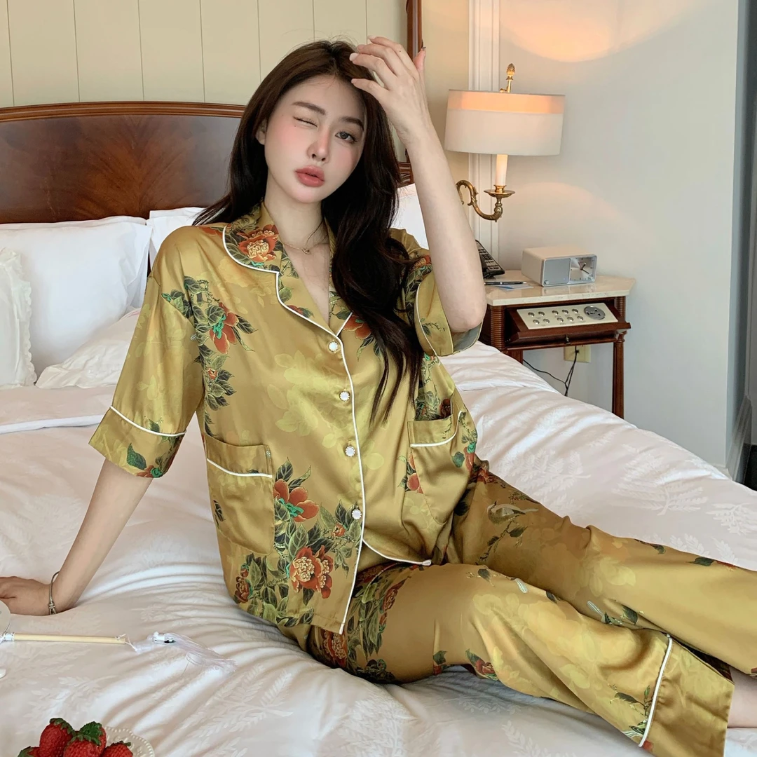 睡衣夏季女士2025年新款短袖三件套高级感妈妈款新中式家居服