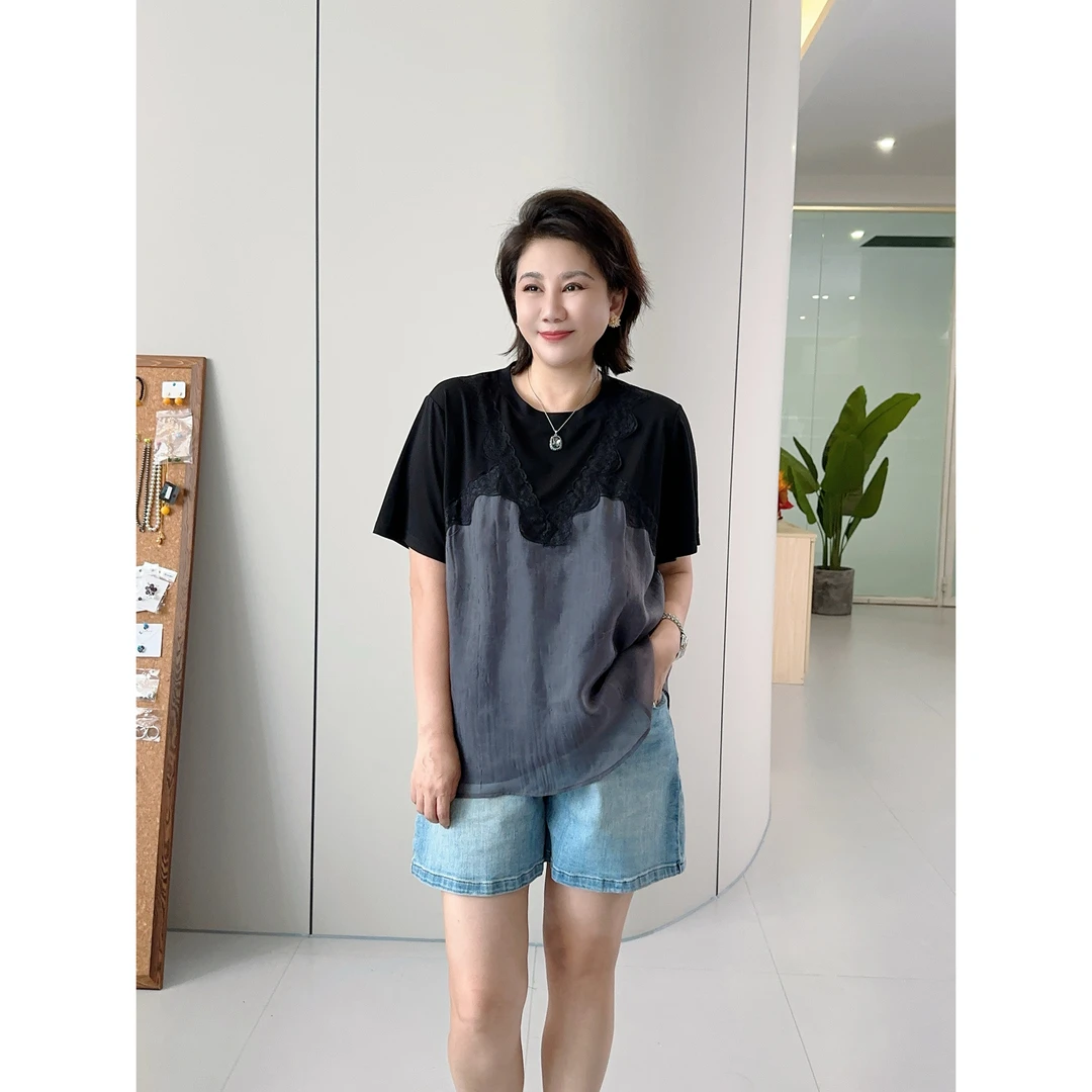 微胖女装【雨中巴黎】灰纱假两件T恤显瘦高级设计感短袖上衣20769