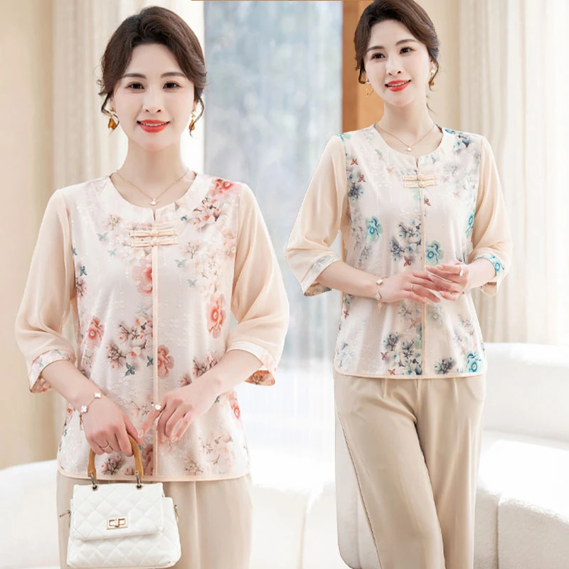 妈妈夏季新款妈妈装新中式国风小衫宽松洋气衬衫母亲衣服夏装