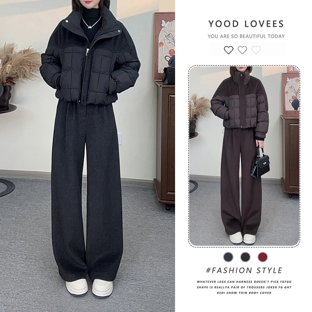2025冬季新款高级感小众保暖棉服拼接外套+阔腿裤子套装女装爆款
