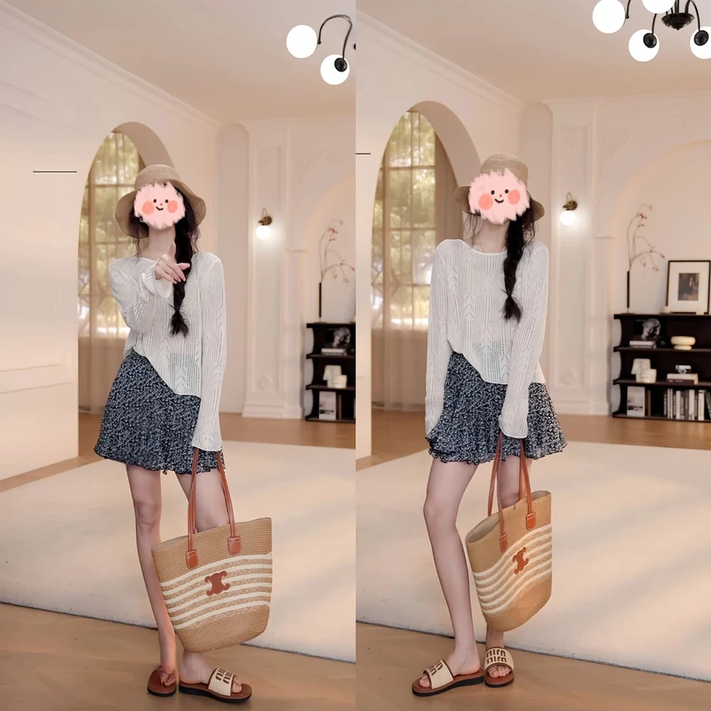 百搭柳叶镂空防晒罩衫长袖T恤+显瘦气质松紧腰花裙短裙两件套2025