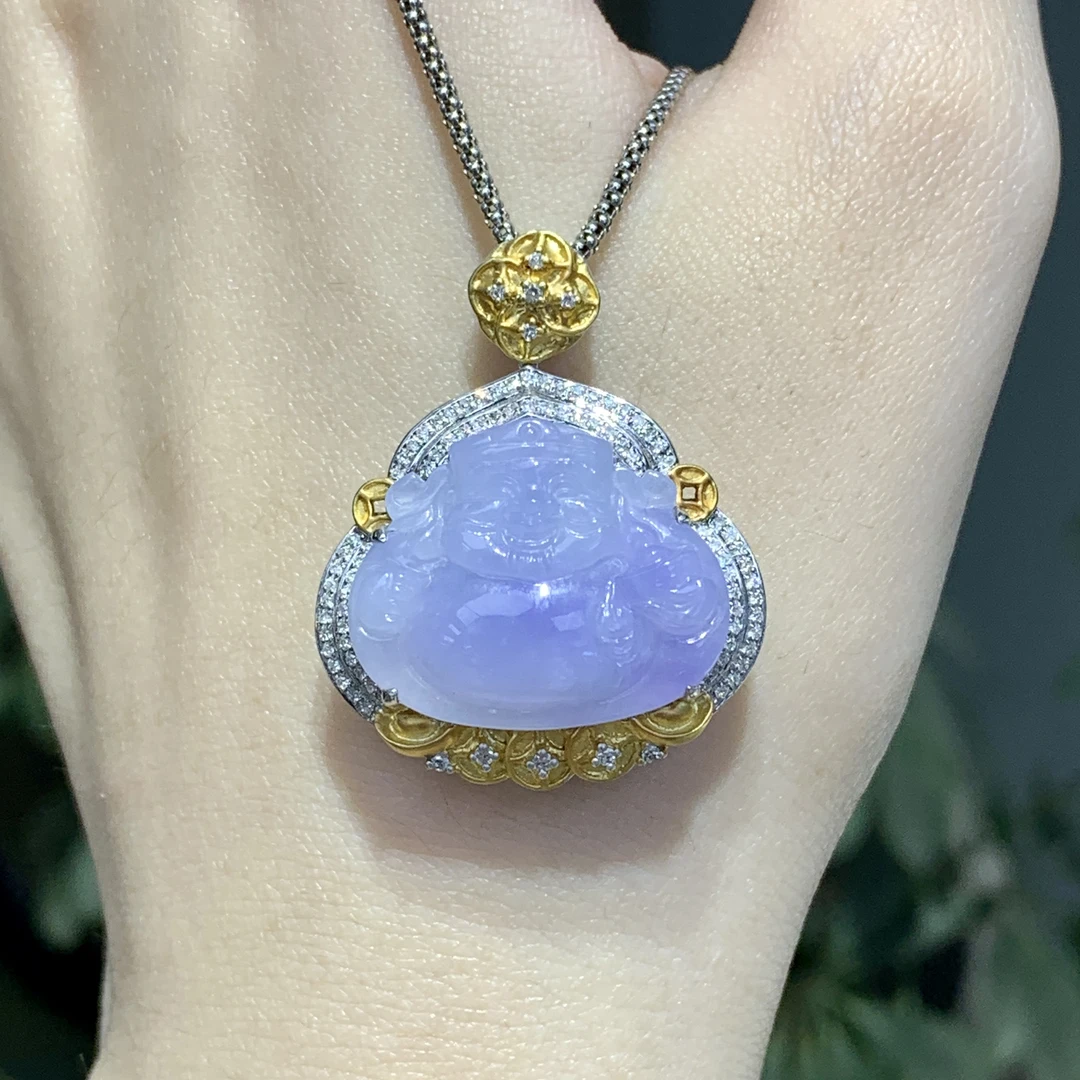 春日珠宝天然缅甸A货翡翠冰胶梦幻紫紫翡佛公豪镶吊坠Ｈ