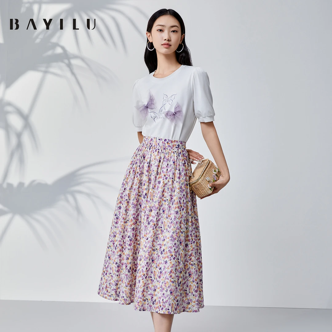 【万万甄选】芭依璐夏季套装女套头T恤印花半身裙两件套90TZ001