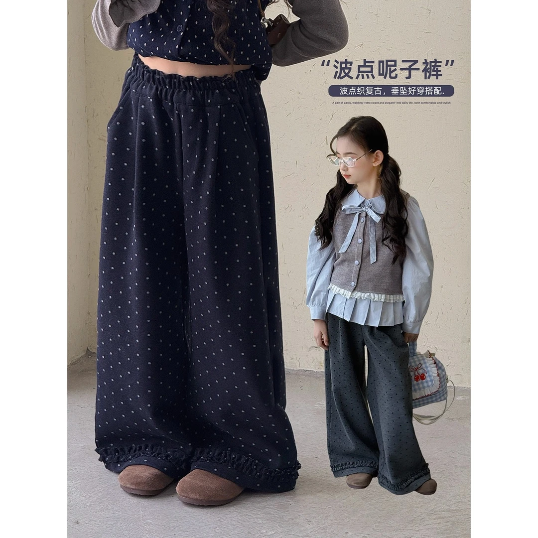 女童裤子2025新款儿童秋冬呢子裤中大童波点阔腿裤休闲直筒裤洋气