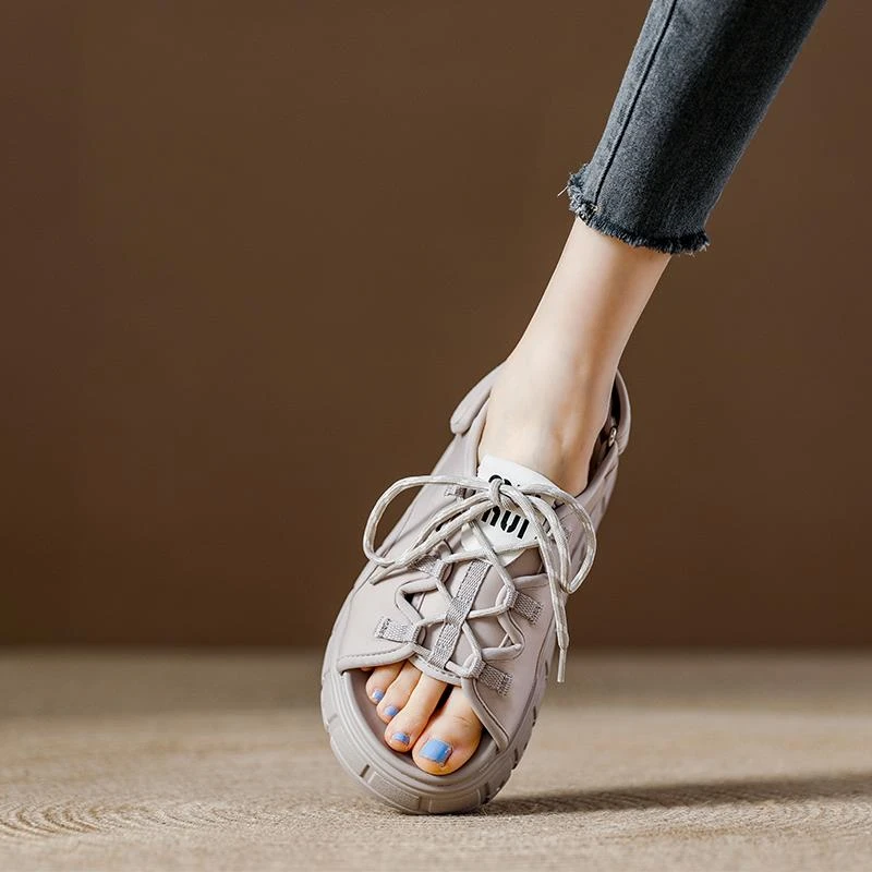 厚底镂空绑带运动凉鞋女夏季2025那新款女鞋休闲露趾沙滩鞋配裙子