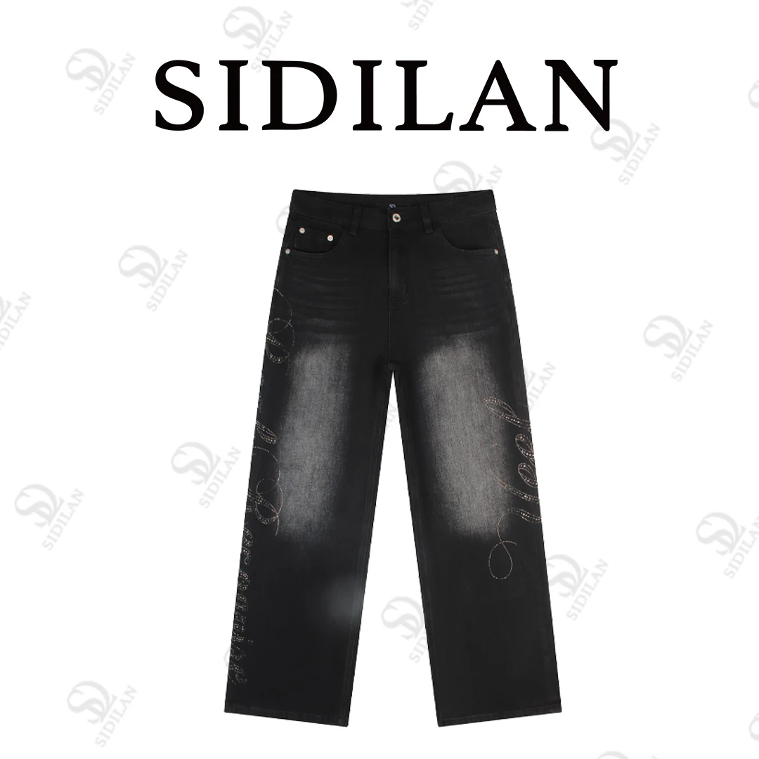 Sidilan 侧边字母闪钻女款直筒牛仔裤SDL5668