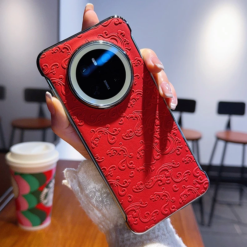 适用华为mate70pro+印花国风新年红素皮mate70无边框款防摔手机壳