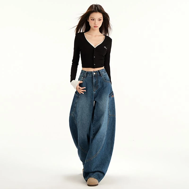 美式复古弯刀牛仔女字母刺绣拼接宽松阔腿牛仔裤