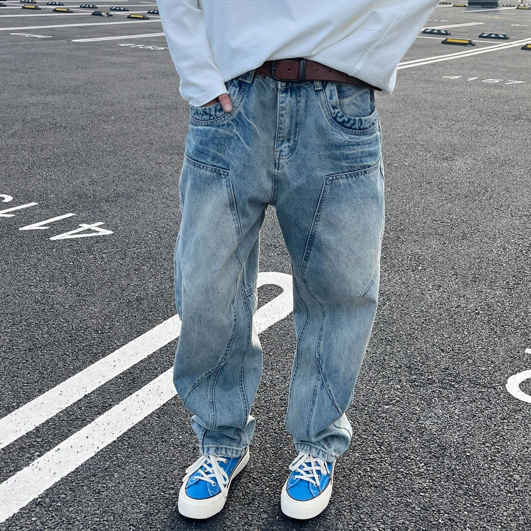 尹小鸡 美式复古14OZ重磅水洗折痕宽松伐木弯刀牛仔裤男女 1055