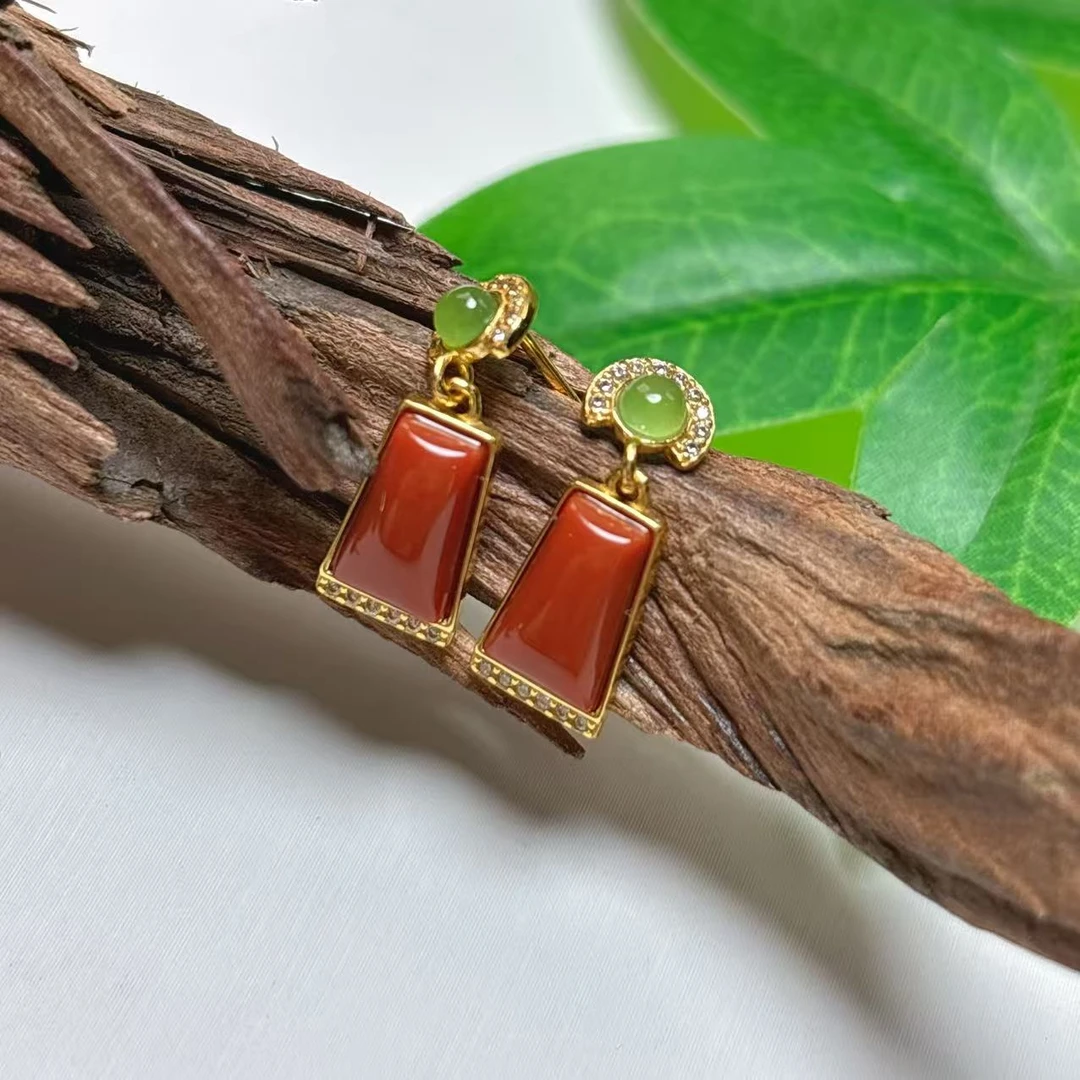 【老猪严选】AXYJ-293天然南红设计款耳钉约5*9mmS925多样性发其一