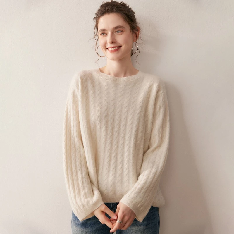 山羊绒衫毛衣简约圆领套头内搭打底衫秋冬新款扭花宽松版羊绒衫