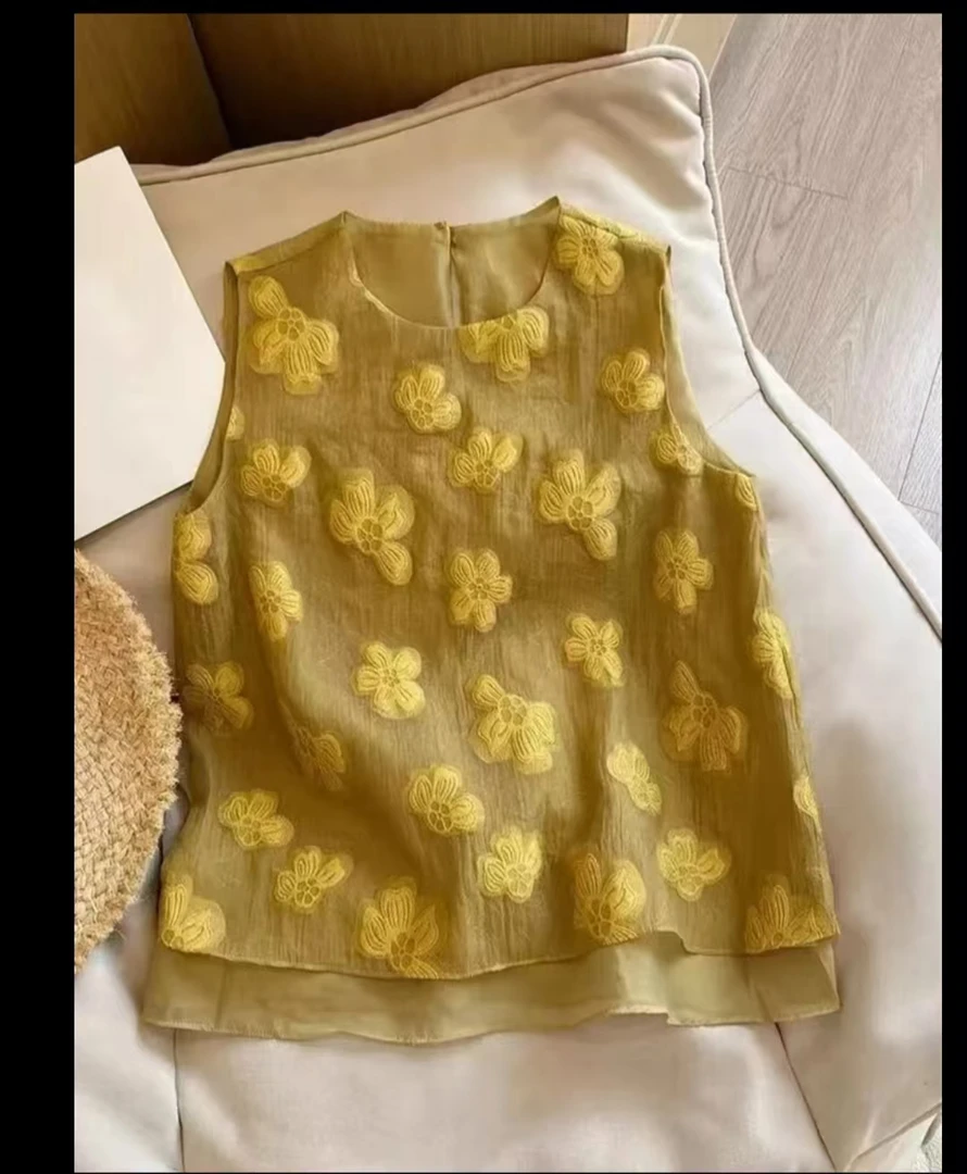 新中式国风气质时尚百搭复古刺绣花朵无袖小衫女夏坎肩小背心