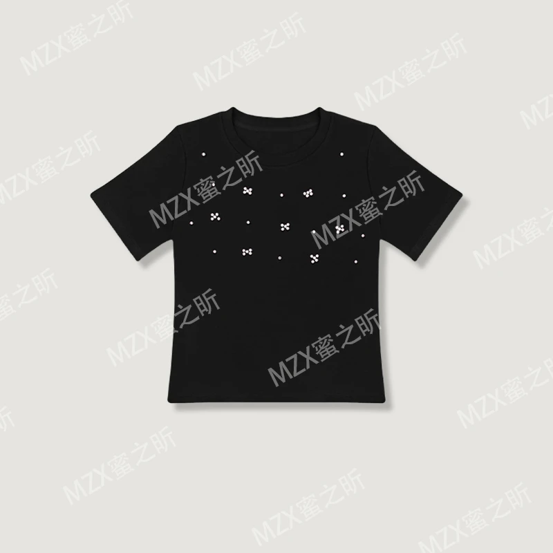 休闲百搭短袖T恤女2025夏季新款重工珍珠设计时尚减龄显瘦上衣女