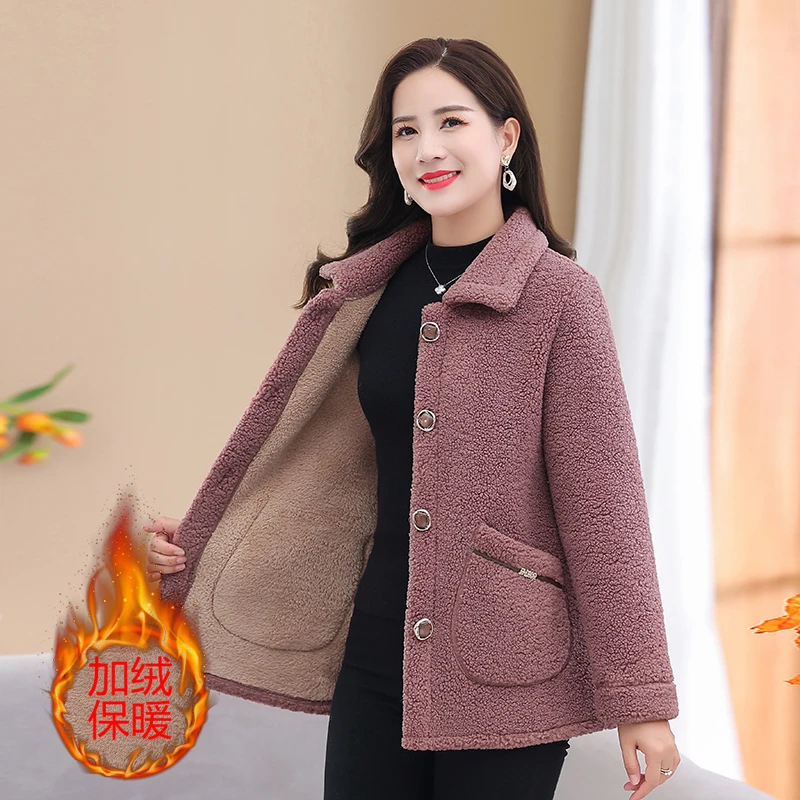 妈妈冬装棉袄加绒外套棉服中老年人女装新款颗粒绒加厚棉衣设计感